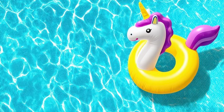 Summer Fun And Vacation Relaxation With Inflatable Unicorn Floating In Blue Swimming Pool Water