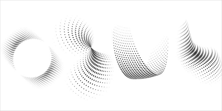 Halftone gradient circles collection. Dots textured round patterns. Cartoon comic radial faded background set. Abstract pixelated elements for frame, poster, collage, banner, flyer. Vector bundle