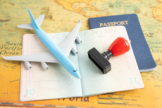 Approved Stamp visa and passport document to immigration at airport in country.