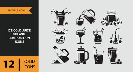 Ice Cold Juice Splash Composition Solid Icons for Refreshing Drink Design © Jemi