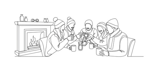 Fototapeta premium Cozy winter gathering with friends enjoying warm drinks by the fireplace