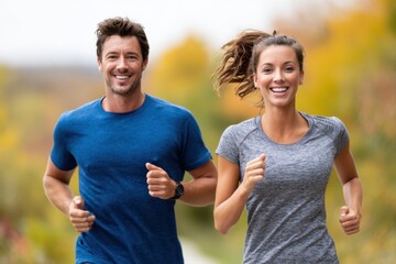 Obraz premium Young couple jogging in nature, smiling and staying active together outdoors on a sunny day
