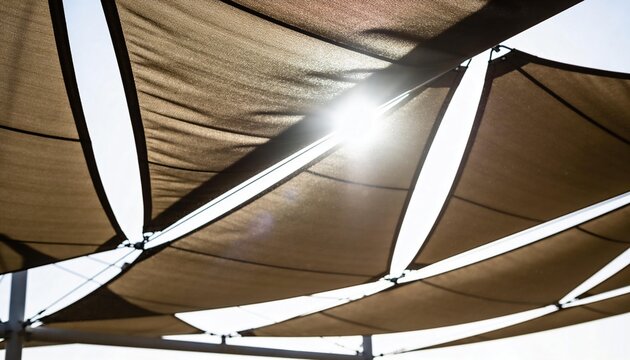Showing tan triangular shade sails spanning metal frame at patio, with brackets, cables, lens flare