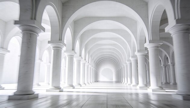 Leading white colonnade in grand gallery with columns and semicircular arches casting shadows