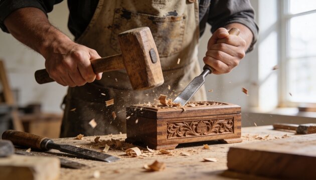 Carving craftsman hands raising mallet striking chisel on ornate wooden box, stained apron