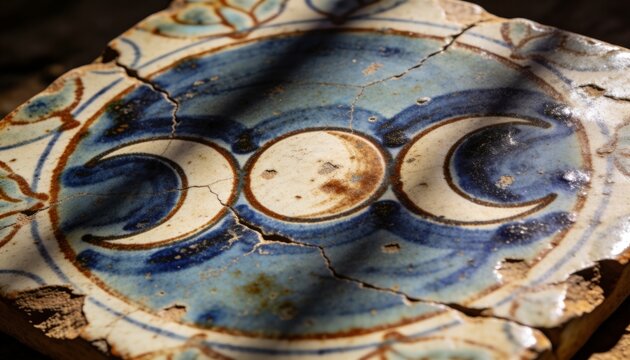 Displaying weathered glazed tile fragment sitting on rough soil in garden, with triple-moon motif