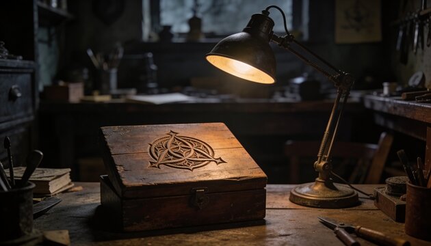 Sitting weathered box centered on workbench, glowing under lamp with chisels and carved emblem