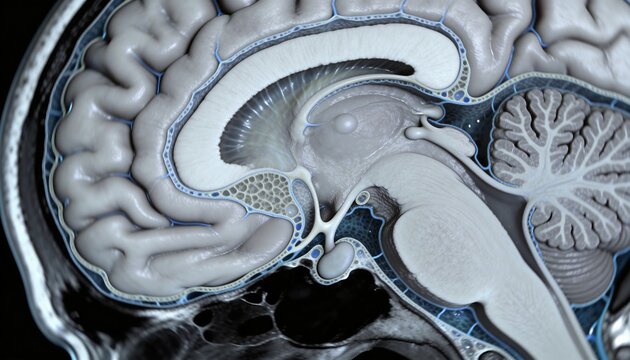 Showing sagittal brain cross-section in medical view, highlighting cortex, corpus callosum, CSF