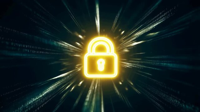 Static shot of glowing golden padlock icon with light rays and binary code streaming on dark digital background