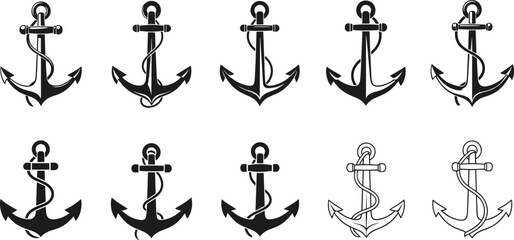A collection of anchor icons in various styles, perfect for nautical, maritime, or sailor-themed designs. © pappa