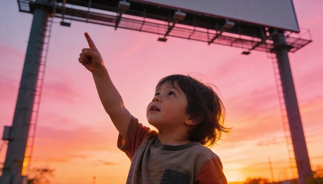 Pointing child wearing color-block tee with pocket at roadside under billboard at sunset