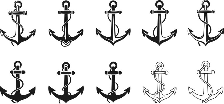 A collection of anchor icons in various styles, perfect for nautical, maritime, or sailor-themed designs.