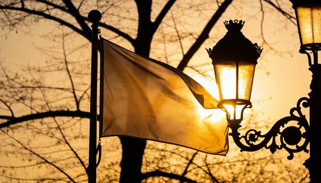 Waving light-colored flag on pole catching low sun at streetscape, ornate lamp and bare branches