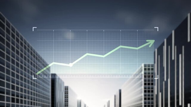 Skyscrapers with upward-trending graph symbolizing urban growth, financial success and economic expansion. Futuristic city skyline ideal for real estate investment, corporate finance, city development
