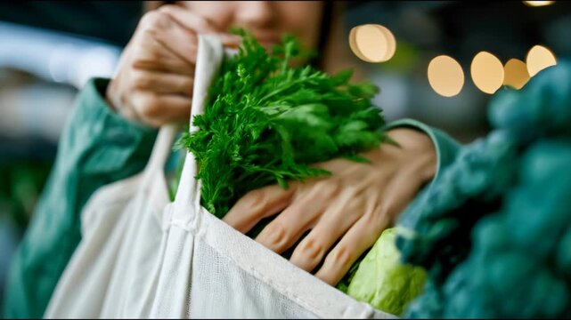 Woman carrying reusable grocery bag filled with fresh vegetables, healthy shopping and eco lifestyle concept