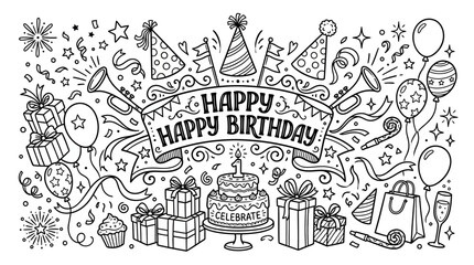 Fototapeta premium A festive birthday celebration scene with various party elements including gifts, cakes, and decorations on a white background with a happy birthday banner. 