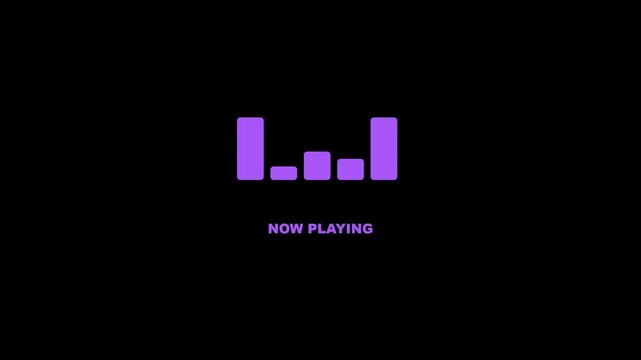 Purple Animated Audio Waveform Bars with Now Playing Text on Black Background for Music Apps and Digital Sound Visualization
