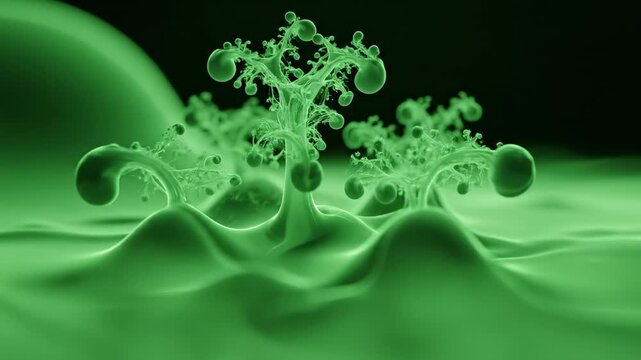 Intricate fractal growth emerges from luminous green liquid forms, creating a bizarre, otherworldly landscape that evokes biological structures and scientific exploration with its mesmerizing