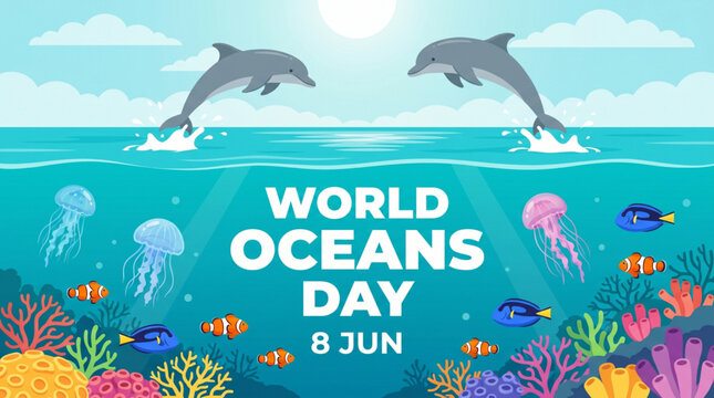 Vibrant underwater illustration with dolphins leaping over a colorful coral reef, celebrating World Oceans Day on June 8th
