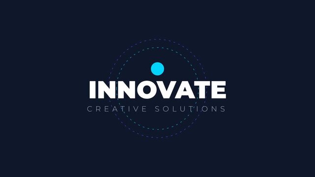  "INNOVATE CREATIVE SOLUTIONS" Text Animation with a Glowing Blue Orb and Dotted Circular Orbits on a Dark Navy Background