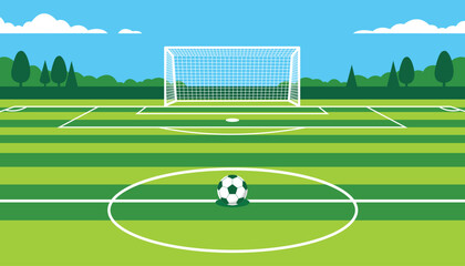 Soccer field with a ball in the center and a goal post in the background, flat vector illustration of a football stadium © AMJAD