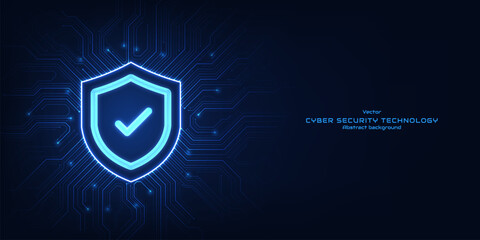 Concept of cybersecurity. Glowing protection shield with a padlock on a futuristic circuit board.  Internet networking protection security system cybersecurity. Technology vector illustration. © S and V Design