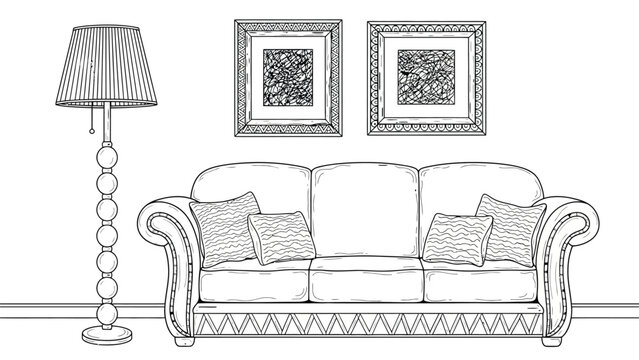 Living room scene with plush sofa, decorative pillows, floor lamp, and framed art on wall, creating a comfortable and stylish home interior.