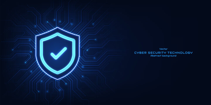 Concept of cybersecurity. Glowing protection shield with a padlock on a futuristic circuit board.  Internet networking protection security system cybersecurity. Technology vector illustration.