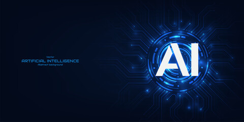 Artificial intelligence concept with text "AI" on a futuristic HUD frame and circuit background.  AI generative technology and neural networks. Data flow and large language model. Vector illustration. © S and V Design