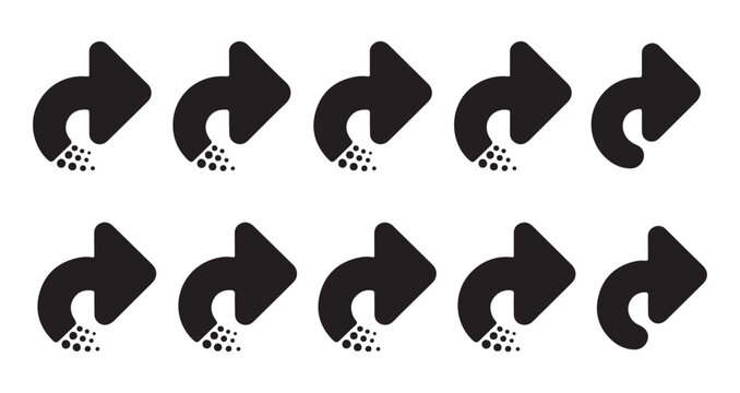 Set of ten black right-pointing curved arrows with dotted trails depicting an undo or share action.