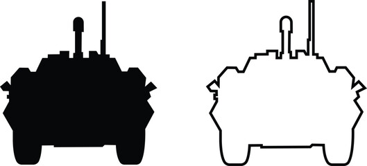 Military armored vehicle tank silhouette set collection and group in black flat and line style featuring combat transport carrier artillery machine army defense war icon bundle © Sattar