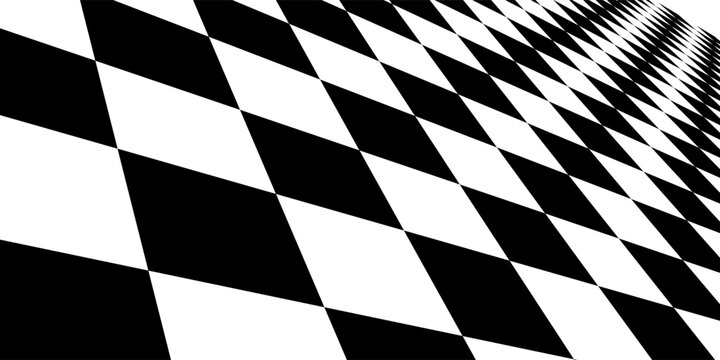 Checkerboard, chessboard, checkered plane in angle perspective. Tilted, vanishing empty floor.