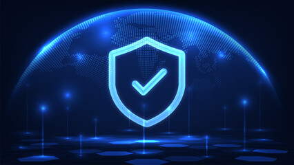 Concept of secure and global network protection. 3D digital world map inside a glowing sphere with glowing shield. Protection mechanism and system privacy. Technology vector illustration. © S and V Design