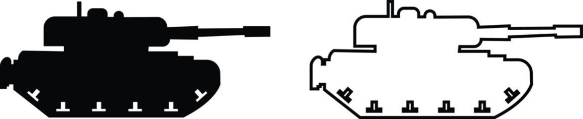 Military armored vehicle tank silhouette set collection and group in black flat and line style featuring combat transport carrier artillery machine army defense war icon bundle © Sattar