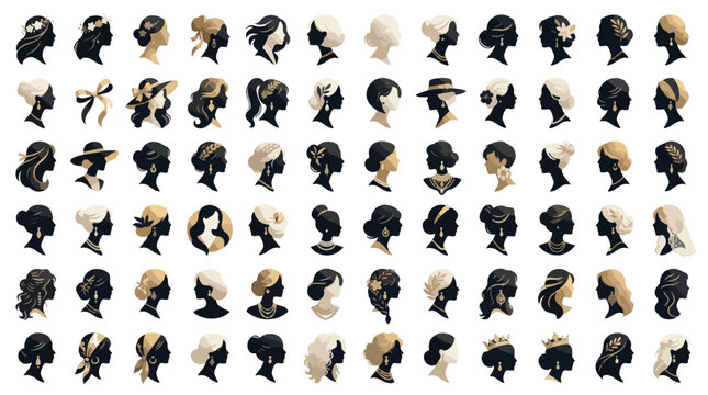 Elegant female profile silhouettes collection, 84 minimalist woman head icons with diverse hairstyles, black and gold vector lady portraits for beauty branding