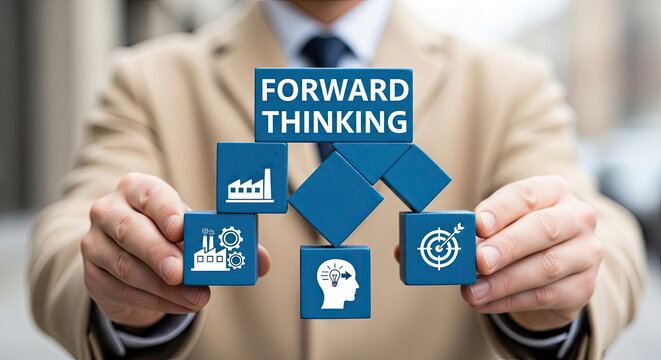 Businessman holding forward thinking concept with icons representing innovation and strategy in his hands outdoors