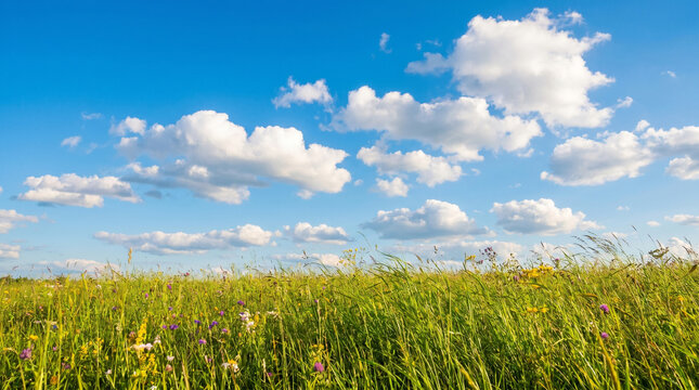 Vast green field thriving under a bright blue sky adorned with fluffy white clouds. This natural setting radiates profound tranquility symbolizing boundless freedom vigorous growth and the serene spir