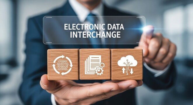 Businessman presenting Electronic Data Interchange concept with wooden blocks and icons on hand in office setting