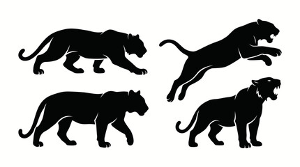 Naklejka premium Four black panther silhouettes walking and jumping on white background