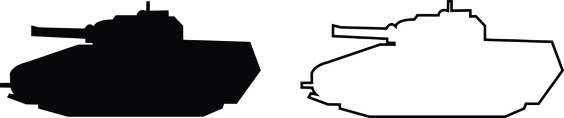 Military armored vehicle tank silhouette set collection and group in black flat and line style featuring combat transport carrier artillery machine army defense war icon bundle © Sattar