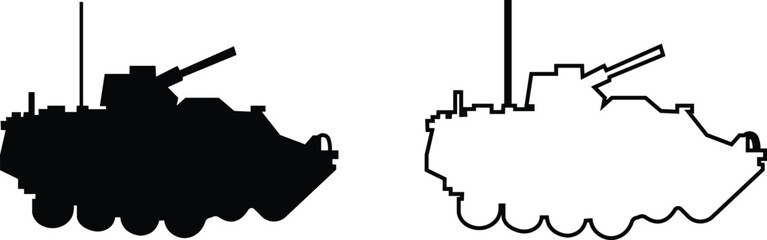 Military armored vehicle tank silhouette set collection and group in black flat and line style featuring combat transport carrier artillery machine army defense war icon bundle © Sattar