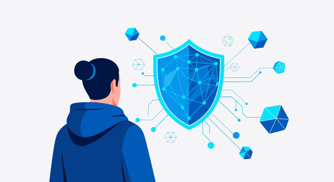 Cybersecurity concept with person and digital shield.