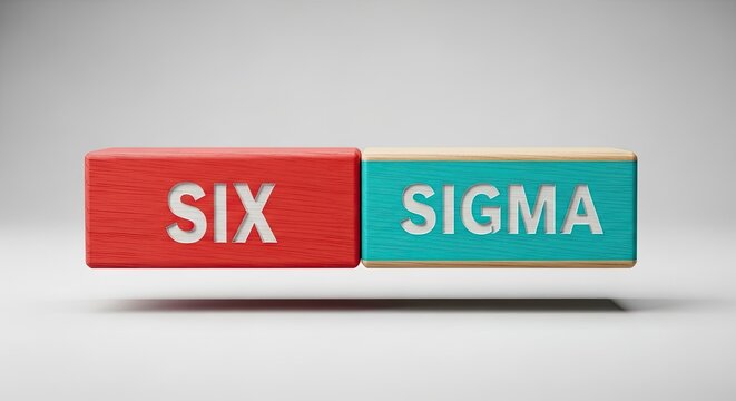 Six Sigma methodology concept with red and green wooden blocks on a gray background for business process improvement