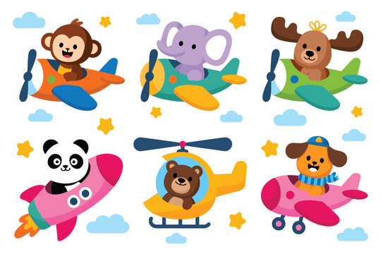 Funny animal air transport illustration set, generic cute elephant monkey moose and panda flying in toy aviation vehicles.