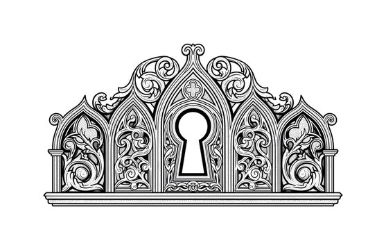 Ornate gothic keyhole with intricate scrollwork and architectural details