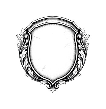Ornate decorative shield emblem with detailed floral scrollwork and blank center