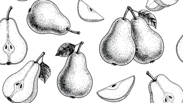 Seamless pattern with pears and slices vector illustration on white background, hand drawn sketch style design for print, fabric, textile, wallpaper.