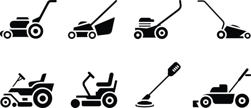 Lawn mower icons illustration set, generic garden equipment silhouettes for landscaping yard care and outdoor maintenance design.