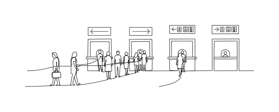 People queuing at airport passport control booths with directional signs above