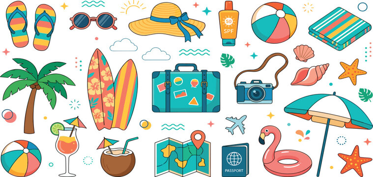 Summer beach vacation vector icon set with travel suitcase surfboard palm tree and beach accessories